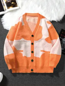 Men's and Colorblock Cow Print Oversized V Neck Long Sleeve Knit Cardigan, Casual Stylish Design for Everyday Wear Knitwear