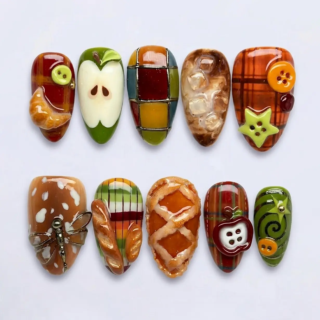 Autumn Picnic Press On Nails With 3D Pie And Bread | Medium Almond Fake Nails | Cozy Handmade Nail Art For Fall And Thanksgiving