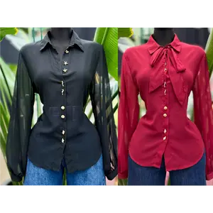 RED BOW TIE NECK BLOUSE - GOLD BUTTONS