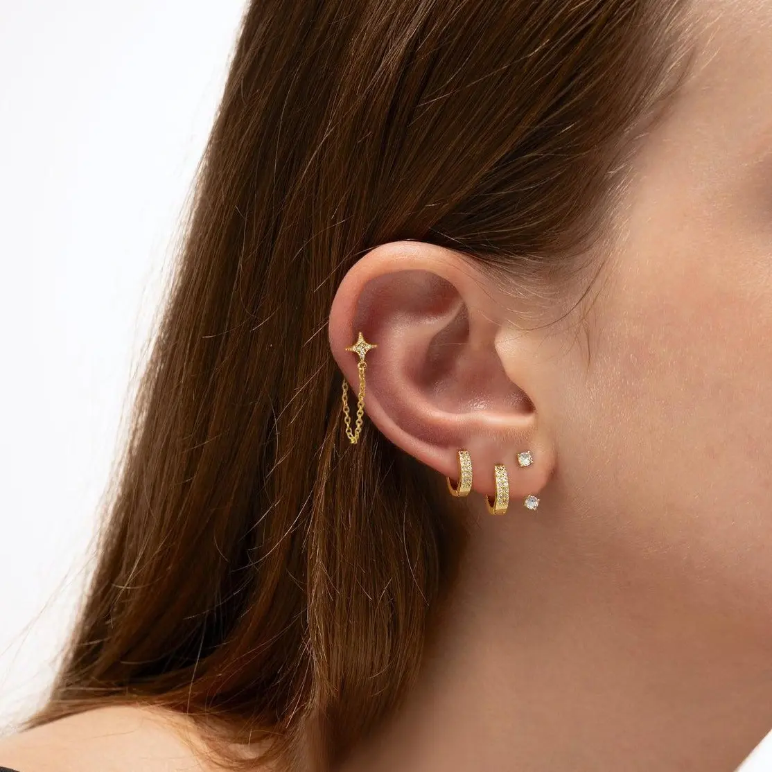 KOPERIN 4Pairs Gold-Plated Hoop Chain Earrings Set Dainty Cubic Zirconia Small Chain Dangle Hoop Earring Gold Hypoallergenic Lightweight Fashion Jewelry for Women Gifts Aesthetic Summerwin
