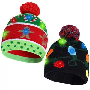 2 Pack Christmas LED Light-up Knitted Beanie Hat Colorful Flashing Holiday Xmas Christmas Party Supplies(One Size Fits More)