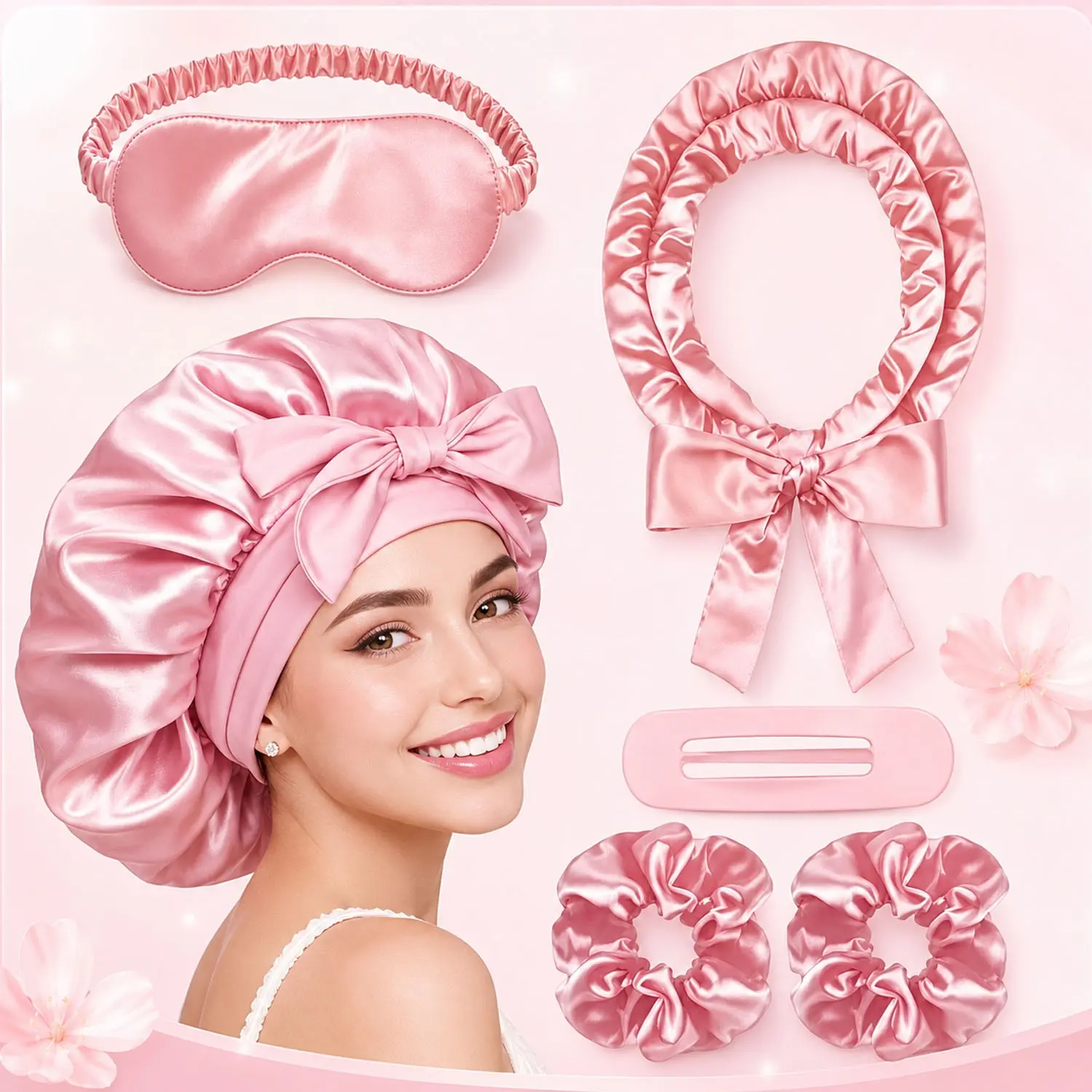 5Pcs Satin Sleep Set for Women, Haircare Heatless, Hair Care Kit with Satin Bonnet, Sleep Mask, Heatless Curling Headband, Scrunchie & Hair Clip, No Heat Styling Tools, Heatless Curler for Smooth Hair, Soft Waves, Frizz Control & Self Care Gifts