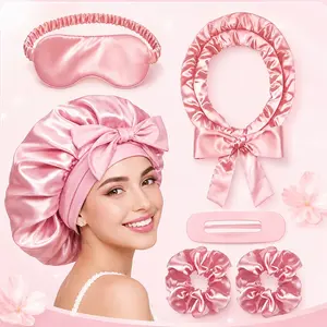 5Pcs Satin Sleep Set for Women, Luxury Overnight Hair Care Kit with Satin Bonnet, Sleep Mask, Heatless Curling Headband, Scrunchie & Hair Clip, No Heat Styling Tools for Smooth Hair, Soft Waves, Frizz Control & Self Care Gifts