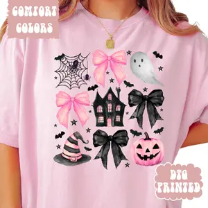 Comfort Colors Halloween Pumpkin Pink Bows & Ghost Shirt - Soft Relaxed Fit 100% Ring-Spun Cotton Tee for Women & Men Casual Athletic Boho Chic Streetwear