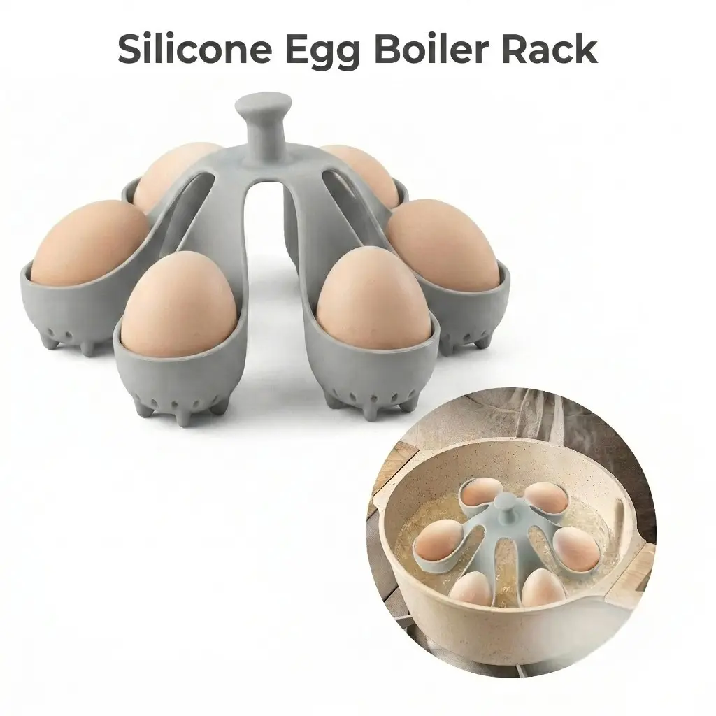 Silicone Egg Boiler Rack 6-Capacity Egg Cooker, Freestanding Hard Boiled Egg Holder, Poached Egg Mold, Heat Resistant Egg Cooking Tray, Non-Stick Kitchen Gadget for Boiling & Easy Peeling Eggs (Grey)