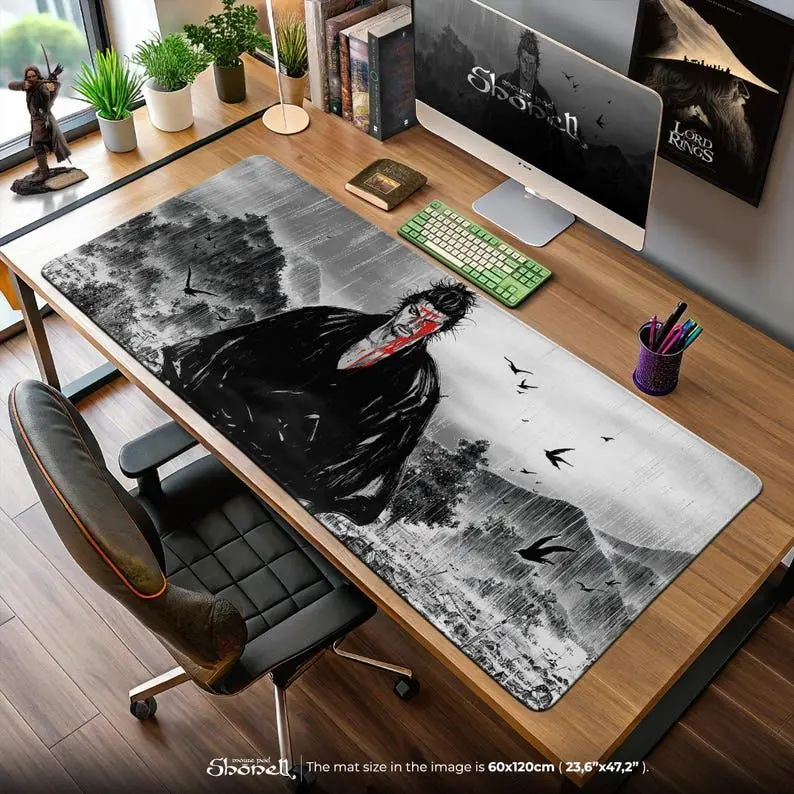 Vagabond Miyamoto Musashi Mouse Pad - Samurai Ink Art in Rain, Manga Warrior Desk Mat, Zen Battle Anime Gift