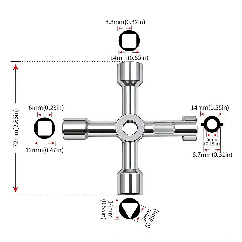 4-Way Universal Utility Key, Multi-Function Cross Wrench,Triangle Square Keys for Water Gas Meter Valve Elevator Cabinet, Train Door - 4 in 1 Service Tool