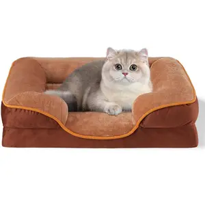 FluffyDream 24'' Orthopedic Pet Bed for Small Dogs & Cats, Memory Foam Egg-Crate Foam Couch Bed with Washable Removable Brown Cover