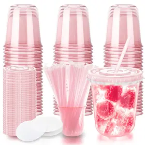 12oz Disposable Stemless Glasses with Flat Lids and Straws,PET Disposable Drinking Cups,Clear Plastic Wine Glasses for Parties Birthday,Wedding,Meeting,Christmas Party Supplies. (50, Pink)