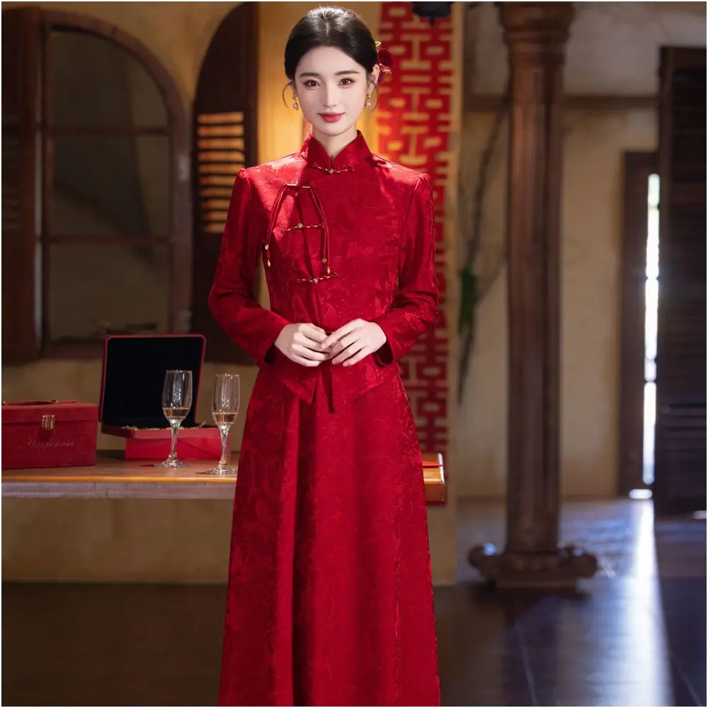 Crimson Jacquard Neo-Oriental Set | Long Sleeve Qipao Top & Maxi Skirt | Water Lily Silk New Chinese Style Wedding Set