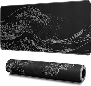 Japanese Gaming Mouse Pad Abstract Black 31.5x11.8 Inch Sea Wave Texture Non-Slip Rubber Base Large Ocean Mousepad Stitched Edges for Office and Home