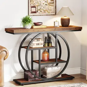 Tribesigns Industrial Console Table, 4-Tier Entryway Table with Circle Base, Rustic Brown