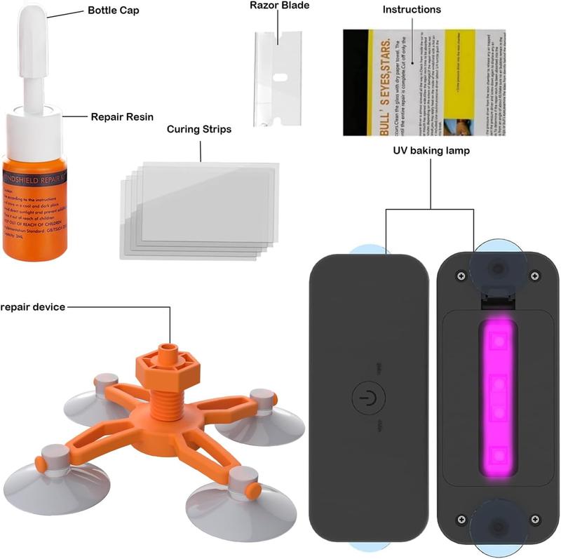 Windshield Repair Kit for Chips and Cracks, Rock Chip Repair Kit Windshield, for All Car Windshield Crack Repair Kit to Repair Scratches, with Curing and Pressurizing Device (Orange)