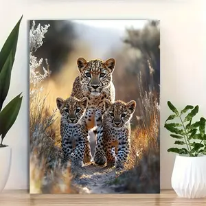 2D Flat, 2D Flat, 2D Flat 1pc 12X16 Inch Canvas Print Featuring a Leopard Family, Framed And Inspired by Wildlife, Perfect for Home Decor with Enchanting Animal Art	