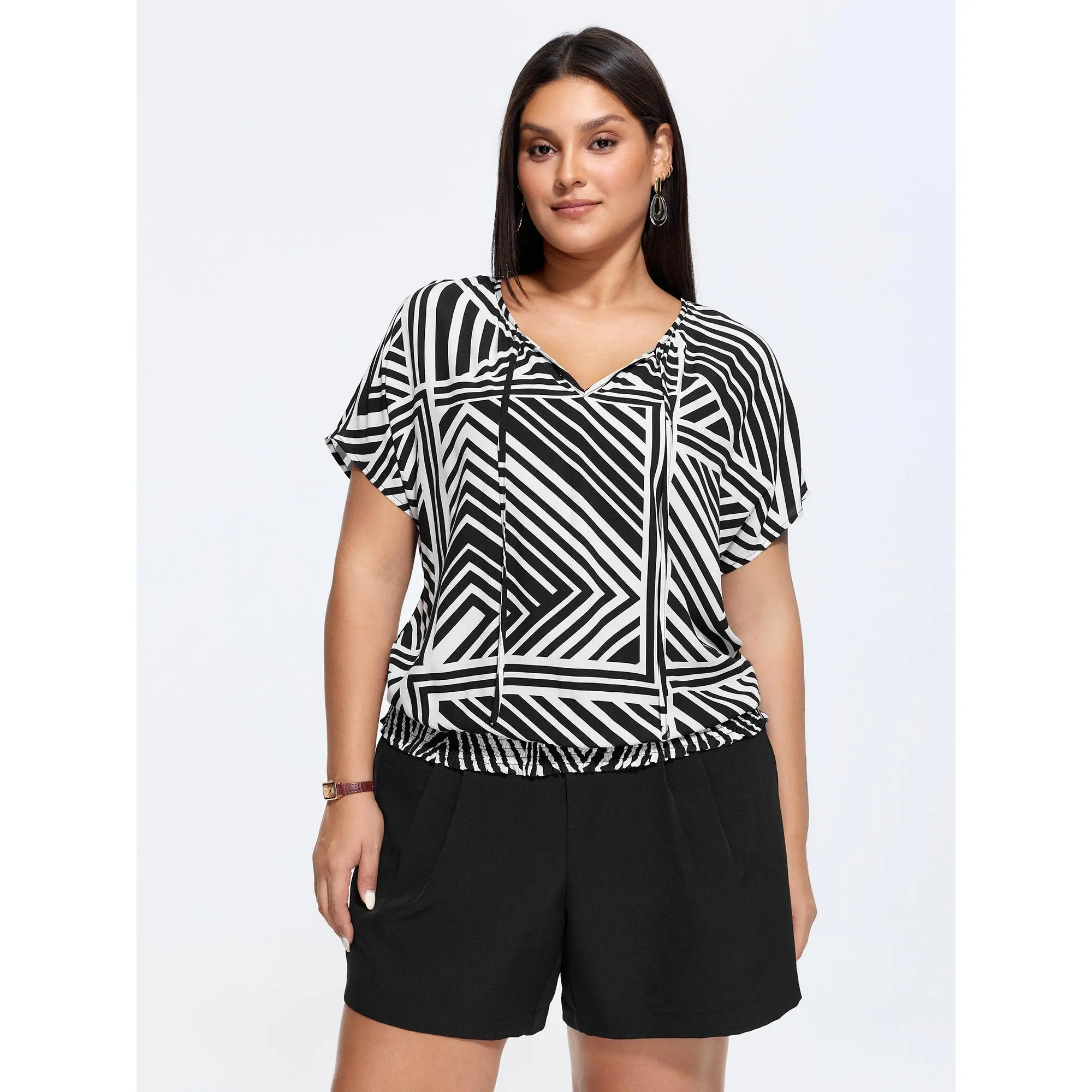 BLOOMCHIC Plus Size Geometric Print Neck-Tie Blouse[M-6X] 2026 Spotlight,Summer wins,Deals for your days