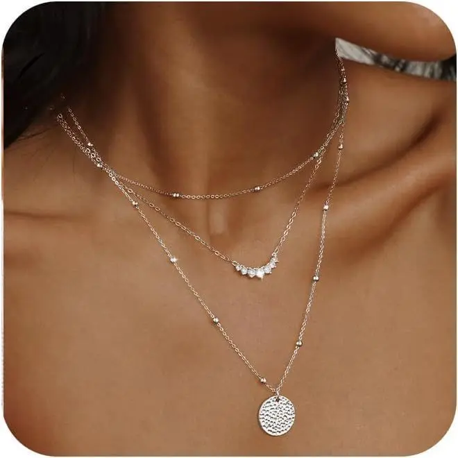 Silver zircon leaf disc three layer neck