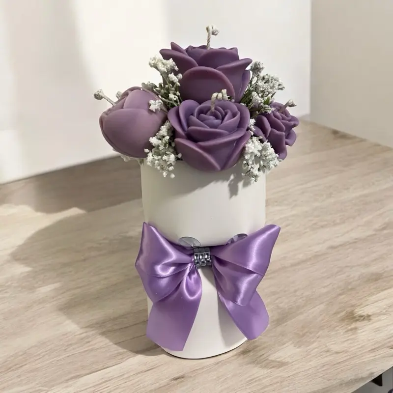 Candle Flower Bag - Decorative Floral Arrangement with purple  and White Flowers in Gift Box - Elegant Wax Bouquet for Special Occasions