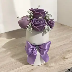 Candle Flower Bag - Decorative Floral Arrangement with purple  and White Flowers in Gift Box - Elegant Wax Bouquet for Special Occasions