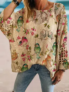 Spring and summer round-neck diamond hollow batwing-sleeve Long sleeve Womenswear top, bohemian style Boho with bird print, casual layering blouse Floral for beach vacations.