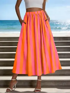 Women's Casual Striped Elastic Waist Midi Skirt, Comfortable and Stylish Design, Perfect for Daily Wear, Everyday, Ideal for All Seasons