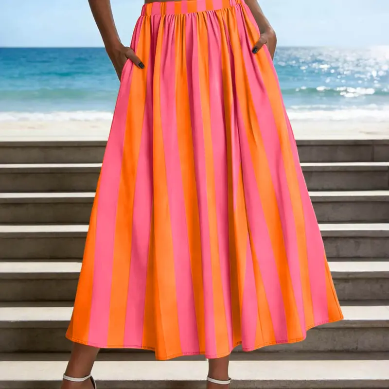Women's Casual Striped Elastic Waist Midi Boho Beach Loose Summer Skirt, Comfortable and Stylish Design, Perfect for Daily Wear, Everyday, Ideal for All Seasons