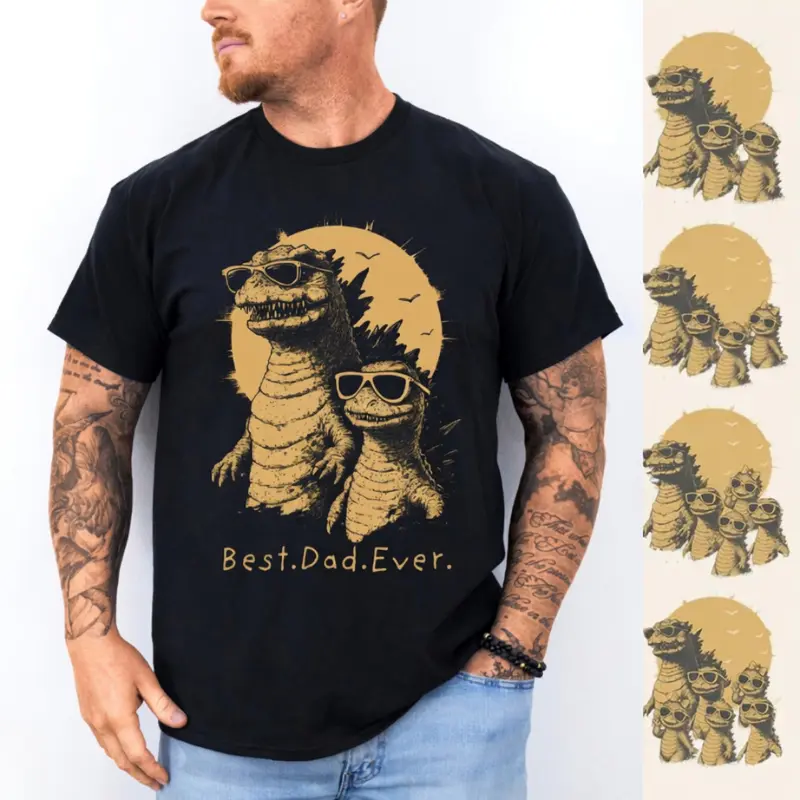 [Custom Art] Best Dad Ever Dadzilla Shirt, Personalized Dinosaur Family Graphic Tee, Funny Monster Dad T-Shirt, Vintage Kaiju Father’s Day Gift For Dad