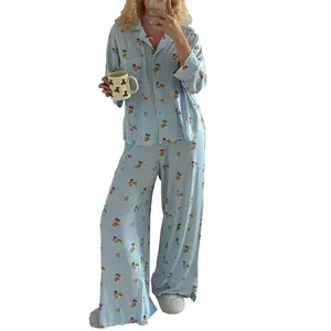 Women’s 2 Piece Pajama Set Long Sleeve Breakfast Print Pocket Shirt + Pants Set Loungewear Nightwear Spring Casual Pjs Homewear Womenswear