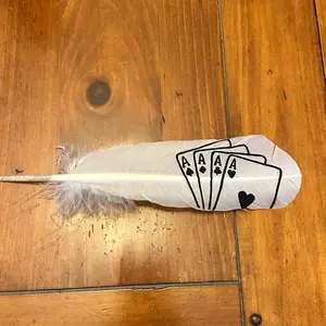 White Ace Custom Feather with Ace Design, Featuring Red Hearts and Black Spades, Ideal for Personalization and Decorative Use