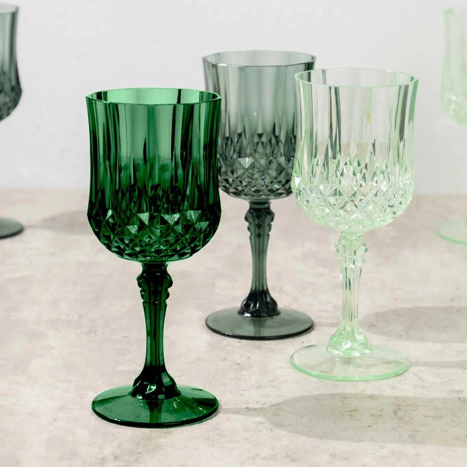12-Pack Assorted Green Crystal Glassware - 8oz Transparent Plastic Crystal Cut Wine Glasses, Shatterproof Cocktail Goblets