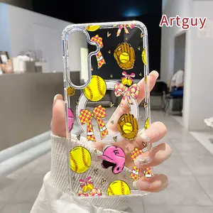 Softball Glamour Pattern Magnetic Phone Case for Samsung Galaxy S26 Edge S23 Ultra S24 Plus FE S25 S22+ Anti-Yellowing Shockproof Lightweight Transparent Acrylic Large Hole Soft Cover Supports Wireless Charging
