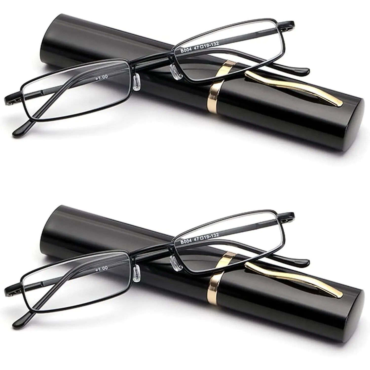 Compact Reading Eyeglasses 2-Pack, Slim Metal Pen-Style Readers for Travel, +2.0 Blue Light Blocking Lenses with Portable Case (Black)