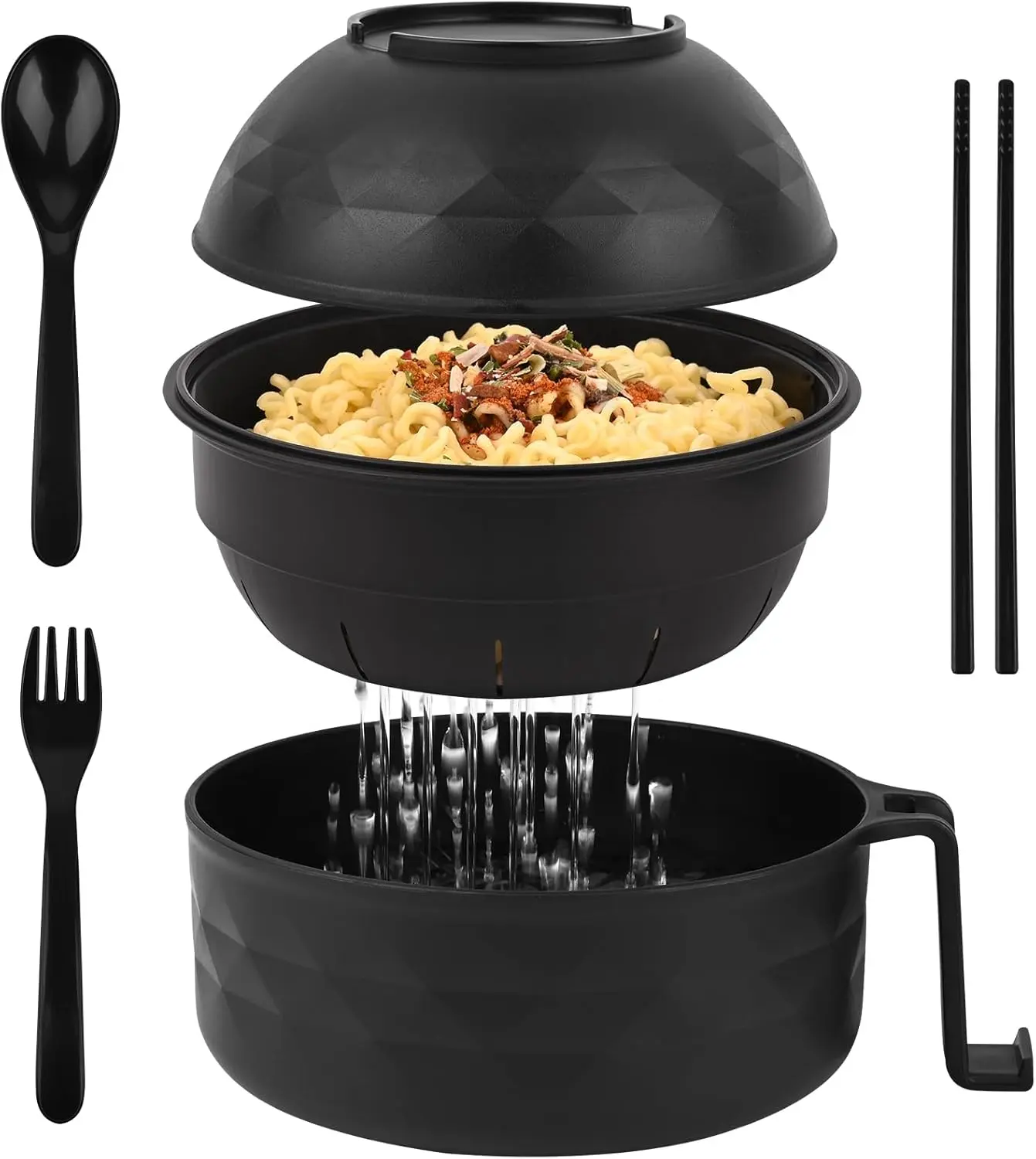 Ramen Bowl Set, Ramen Cooker 33 oz, Ramen Bowls with Chopsticks and Spoon, Microwave Pasta Cooker, College Dorm Essentials for Girls Guys (Black)