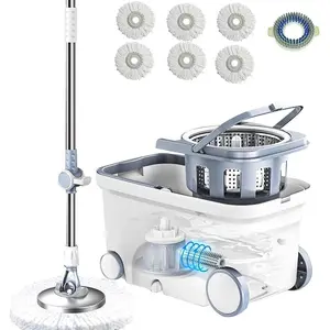Spin Mop Bucket Deluxe 360 Spinning Floor Cleaning System with 6 Microfiber Replacement Head Refills,62" Extended Handle,4X Wheel for Home Cleaning