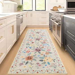 GAOMON 2x6 Kitchen Runner Floral Rug Runners for Hallway Bedroom,Soft Ultra-Thin Indoor Low Pile Flower Carpet with Non Slip Backing,Beige