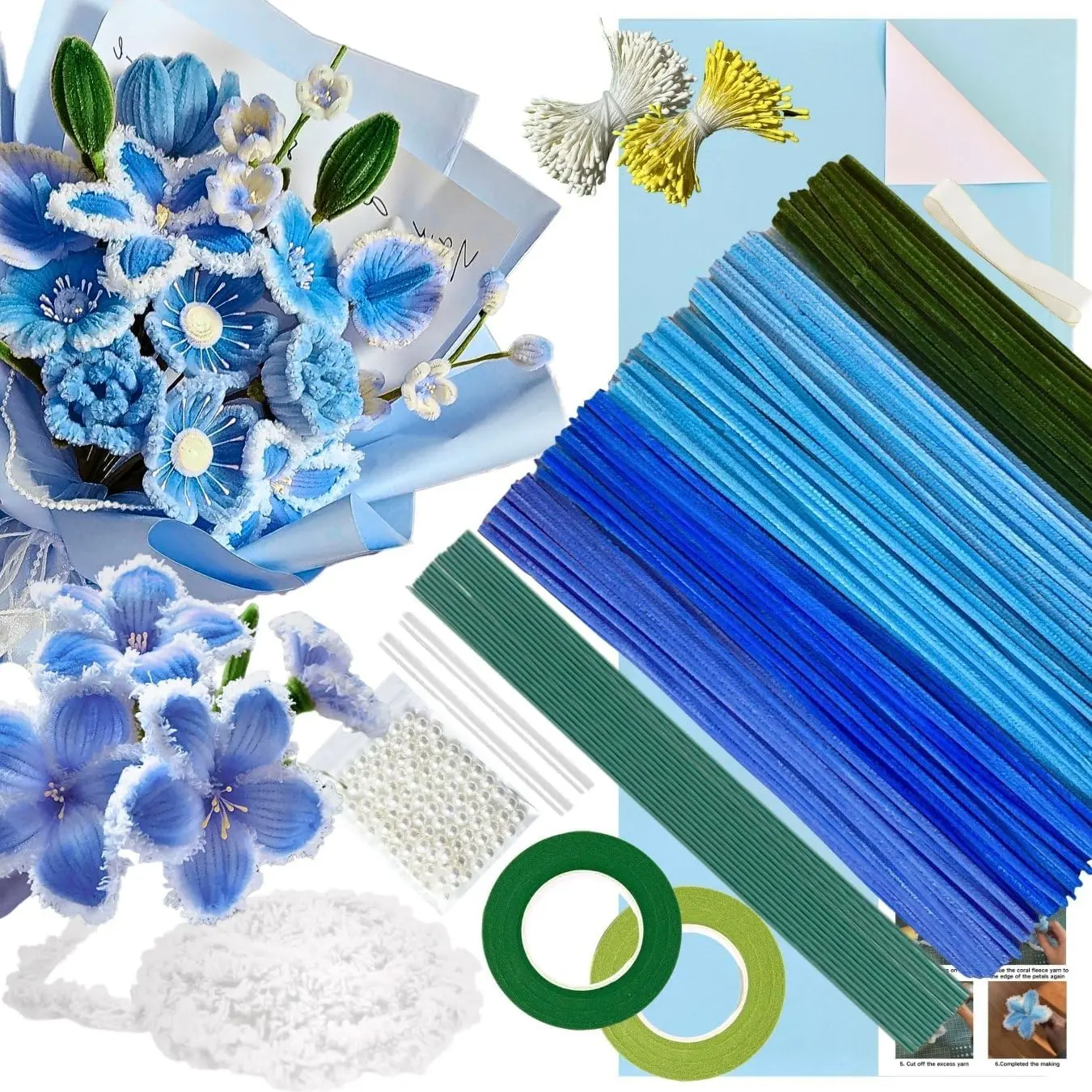 5-Color Blue Pipe Cleaner Flower Kit,300 Pcs Pipe Cleaners Craft,with 1 Roll Fluffy Yarn,50 ,100 Flower Stamens,15 Floral Wire,2 Floral Tape,2 Wrapping Paper,Ribbon and Instruction