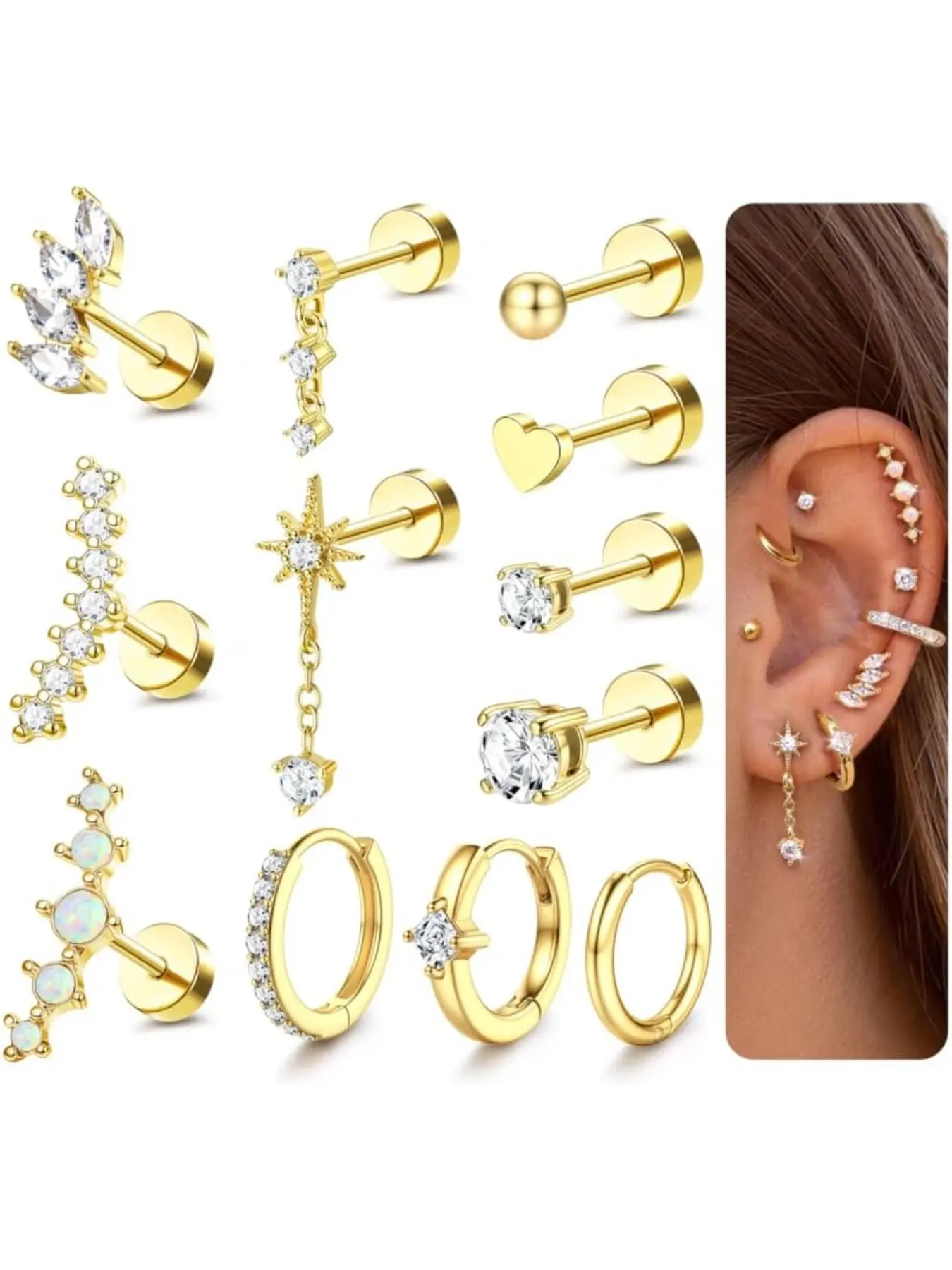 Women's 20g Helix Pierced Jewelry, Flatback Cartilage Earrings, Hypoallergenic Surgical Steel, Cartilage Hoop Ear Ring Set, Fashion Body Jewelry, Swirly Conch Jewelry, High Quality Jewelry, Body Piercings
