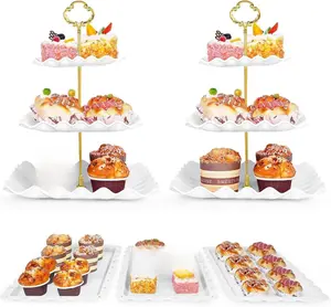 5 Pcs Dessert Table Display Set - 2 Pcs 3-Tier Dessert Display Stands & 3 Pcs Serving Tray - Dessert Trays Dessert Stands Treat Table Displays Set for Tea Parties,Birthdays & Baby Showers