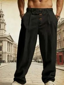 Men's Lightweight Linen Casual Sports Straight Leg Long Pants, Breathable Elastic Waist Drawstring, Fashion Spring Summer Fall Fitted, Menswear