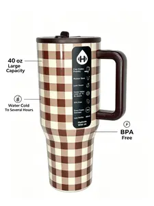 HydroJug 40oz Insulated Tumbler Brown Plaid Checkered Stainless Steel Travel Mug 24H Cold 12H Hot Leakproof Lid Cup Holder Friendly Reusable Water Bottle for Coffee Iced Drinks Car Office Drinkware Flasks Stylish Eco-Friendly - Bottled