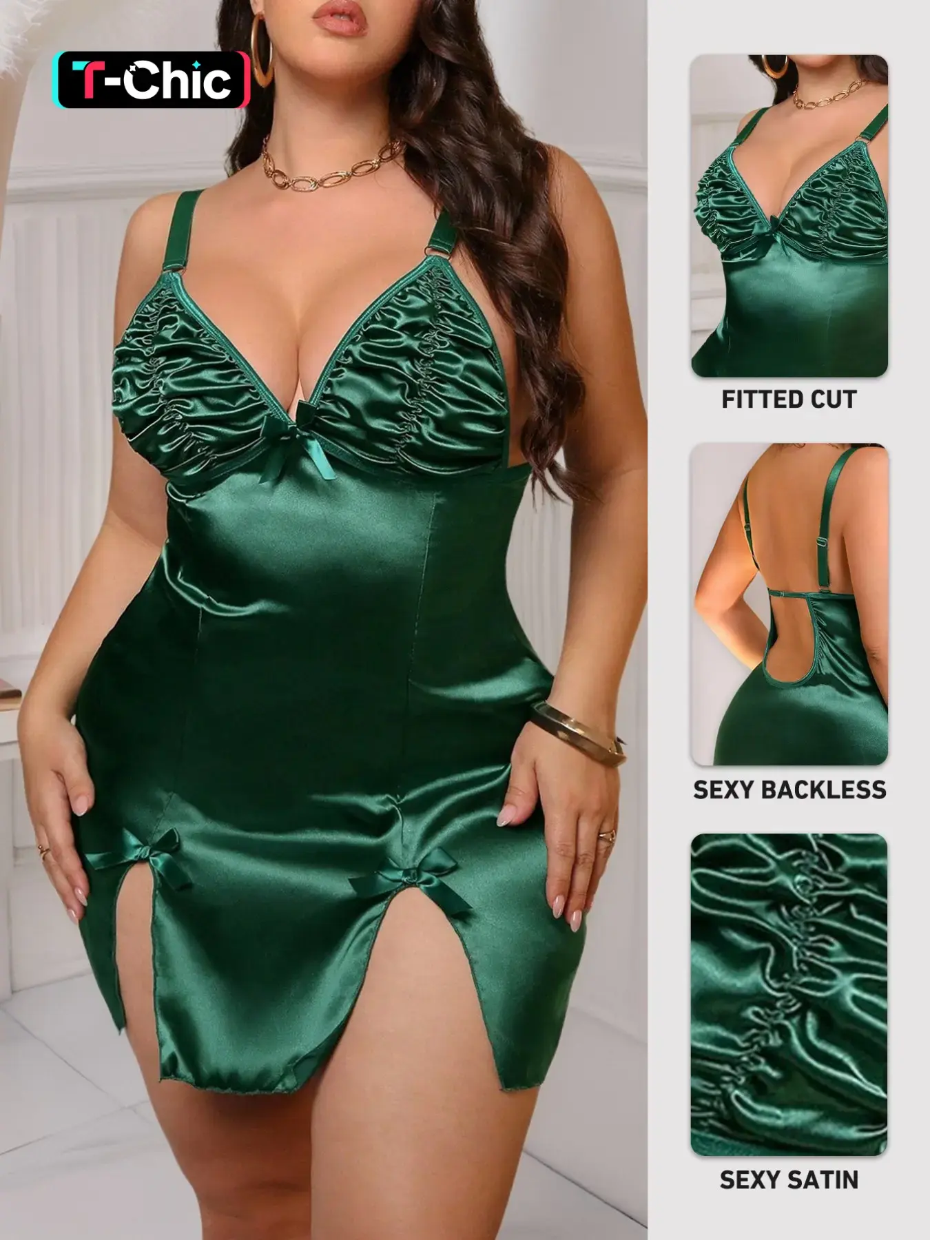 Valentine's Day Plus Size Classic Sexy Lingerie Underwear Nightwear Loungewear Dress Set, Ruched Design, U Back, Plain Pattern, Perfect for Home Parties and Romantic Nights