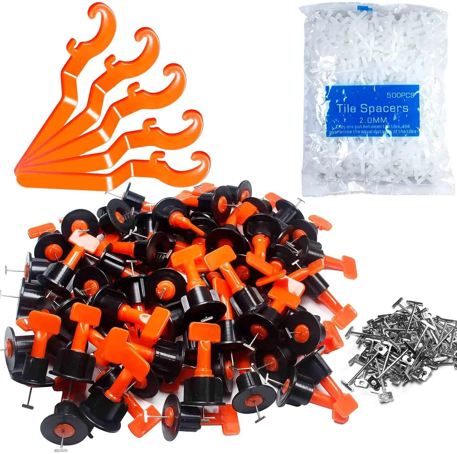 Tile Leveling System Kit,200pcs  Tile Leveler Spacers+1000pcs 1/12" Cross-shaped Tile Spacers+5pcs Wrench+50pcs 1/16" Replaceable Spare Steel T-Pin,Tools for Wall Floor Tile Adjustment(200)