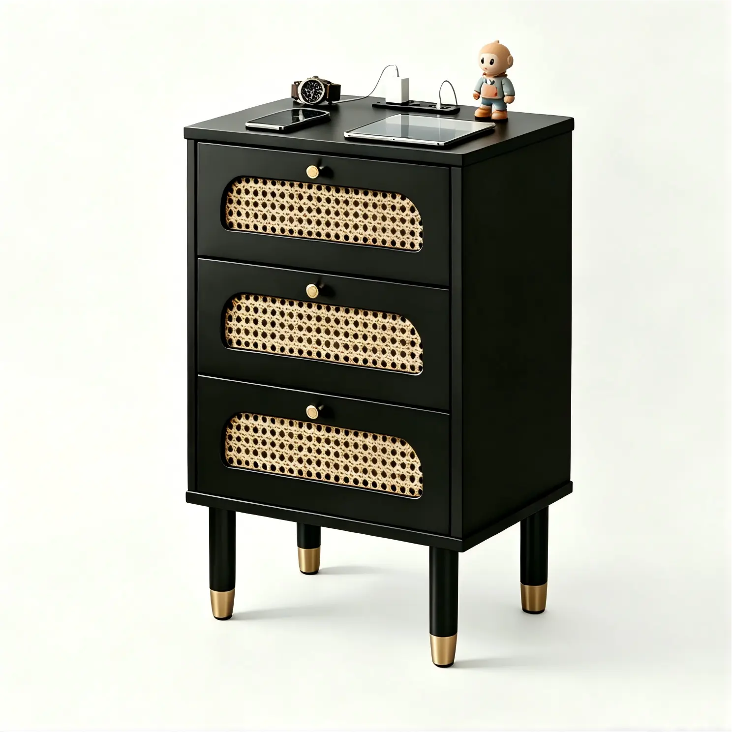 Black Boho 3-Drawer Nightstand - Woven Rattan Fronts, Built-in Power Outlet, USB Ports - Bedroom Chest of Drawers, Indoor Furniture for Living Room