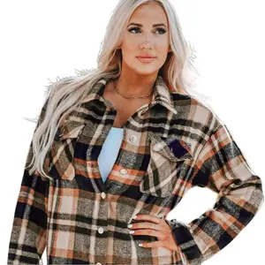 Cali Chic Women Shacket Jackets Orange Plaid Print Pocketed Casual Womenswear Coats Outerwear Long Sleeve