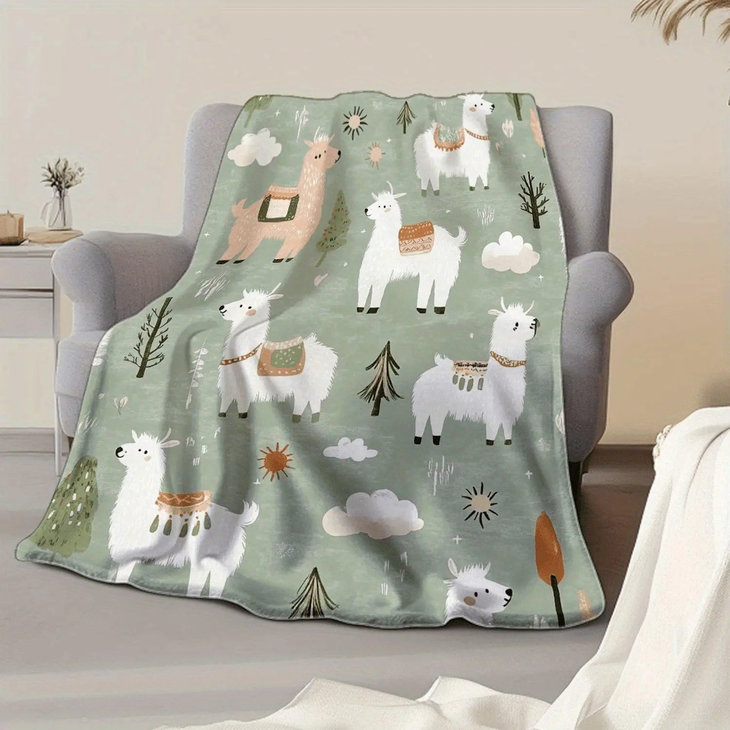 1pc Cozy Llama & Cactus Pattern Flannel Throw Blanket - Plush, Lightweight, Digital Print for Sofa, Couch, Bed, Camping, Office - Ideal All-Season Gift, Cute Throw