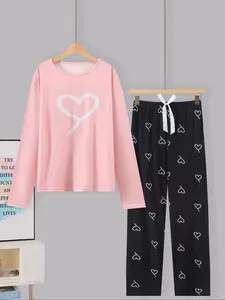 Autumn Winter New Heart Print Women's Pajama Set, Long Sleeve, Round Neck Design, Comfortable Breathable Fabric, Casual Fashion Two-Piece Sleepwear