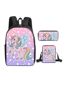 Unicorn pattern printed 16-inch backpack three-piece set (single-layer backpack + small satchel + single-layer pencil case)