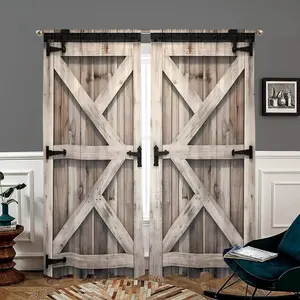 Vintage Wooden Door Pattern Decorative Curtains, HD Digital Print Semi-Transparent Privacy Curtains, Modern Simple Rod Pocket Curtains, 2 Piece Set, Window Decorations Supplies