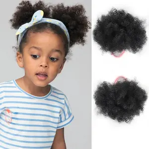 Pink Ponytail Wig with Elastic Band for Children, Afro Style, Synthetic Hair, Small Curly Hair Bun