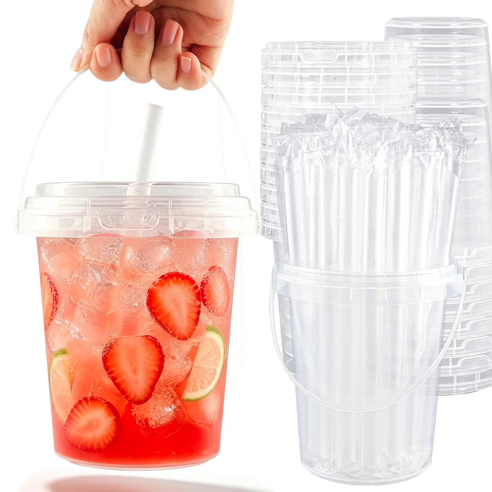 Reusable Plastic Tumbler with Straw & Handle - On-the-Go, Washable Kitchenware Drinkware for Water, Smoothies