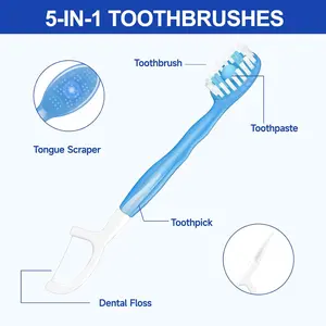 Disposable toothbrushes with toothpaste (26 pieces), 5-in-1 travel portable toothbrush set with tongue scraper, picks, and dental floss, travel case, assorted 5 flavors
